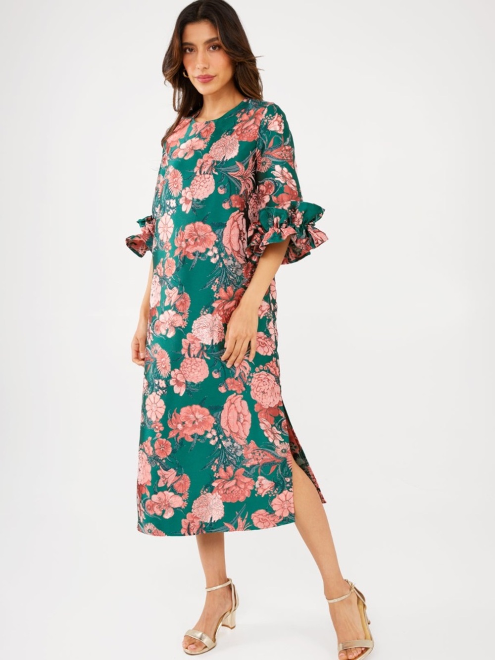 Teal Floral Midi Dress with Pink Bloom Print